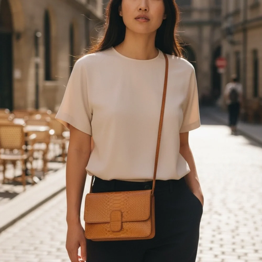 MUNDI small vintage Tan leather clean Crossbody Bag with Flap Closure - Picture 2 of 13